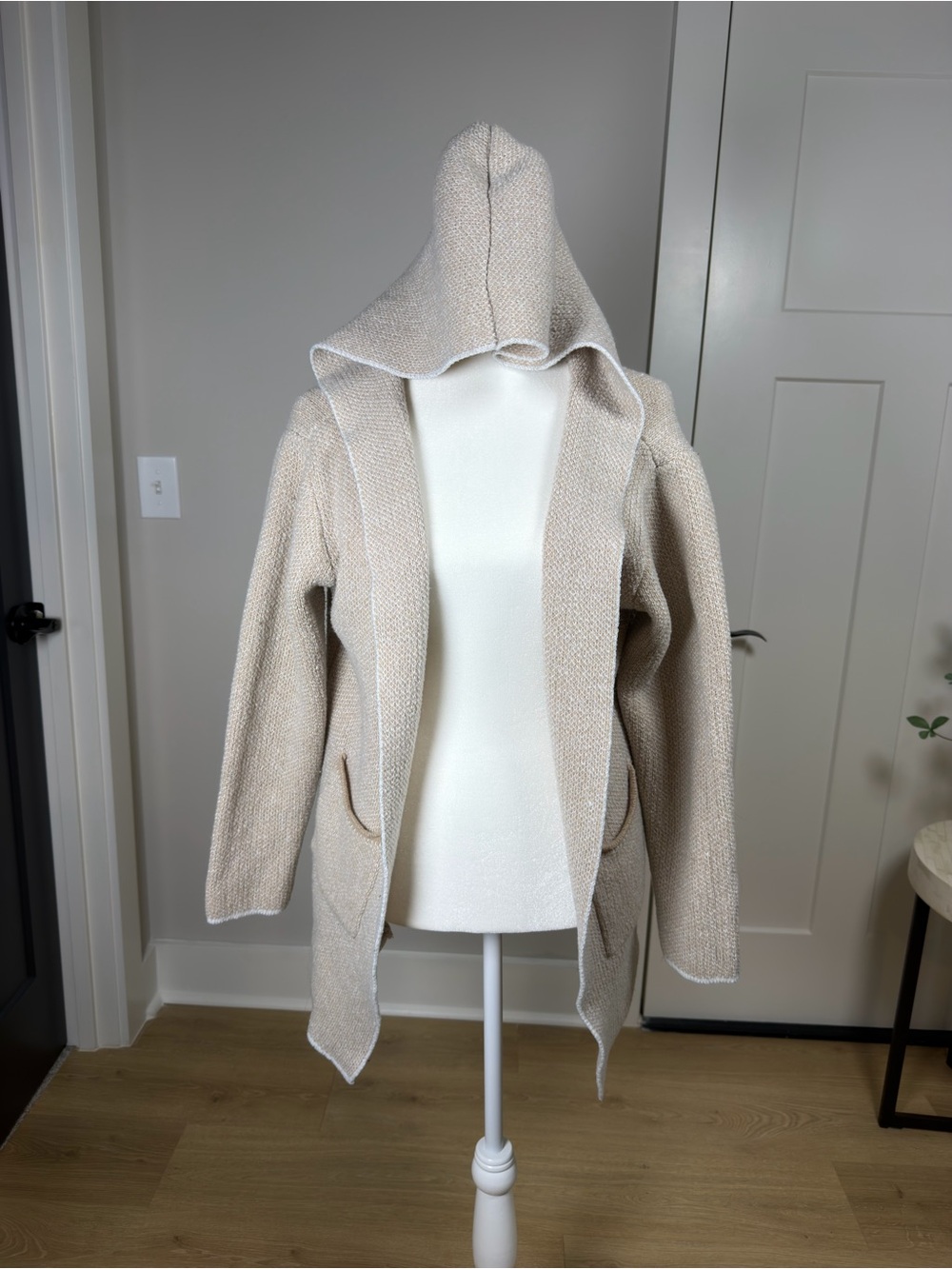 SHEIN Beige Hooded Open-Front Knit Cardigan - Picture 2 of 3